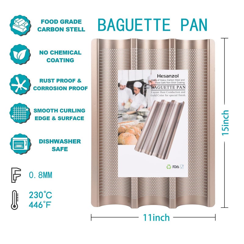 Hesanzol Baguette Pans for Baking 15" x 11", Carbon Steel 3 Loaf Nonstick Baguette Baking Tray for French & Italian Perforated French Bread Pan - Image 4